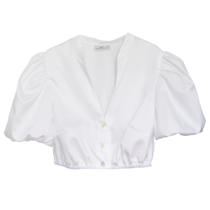 Dirndlbluse "Leni" mit leichtem Puffarm, kleinem Stehkragen und V-Ausschnitt