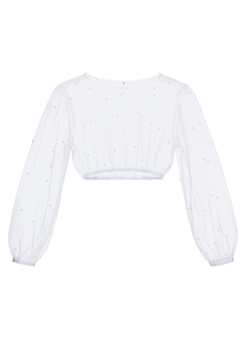 DIRNDLBLUSE TÜLL PEARL BALLONÄRMEL WEISS