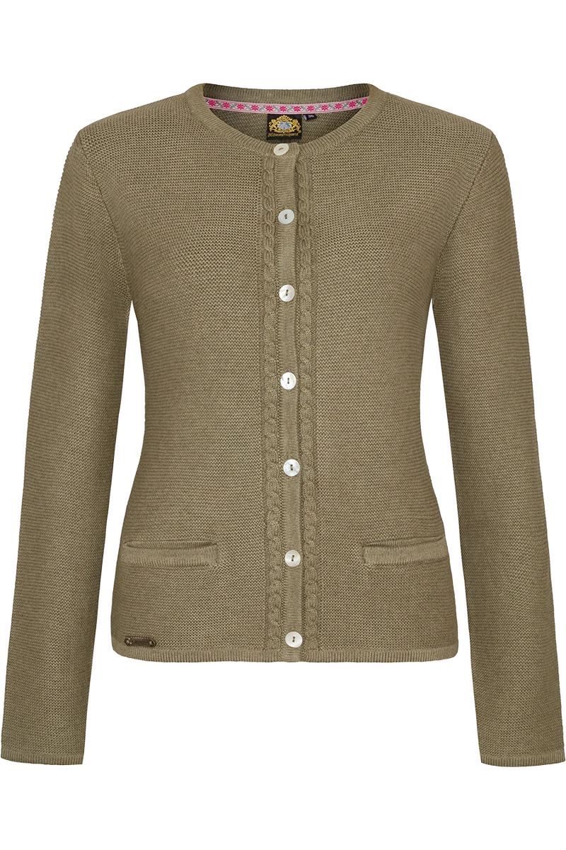 Damen Trachten-Strickjacke mit Zopfstrickmuster und Perlmuttknöpfen - lindgrün