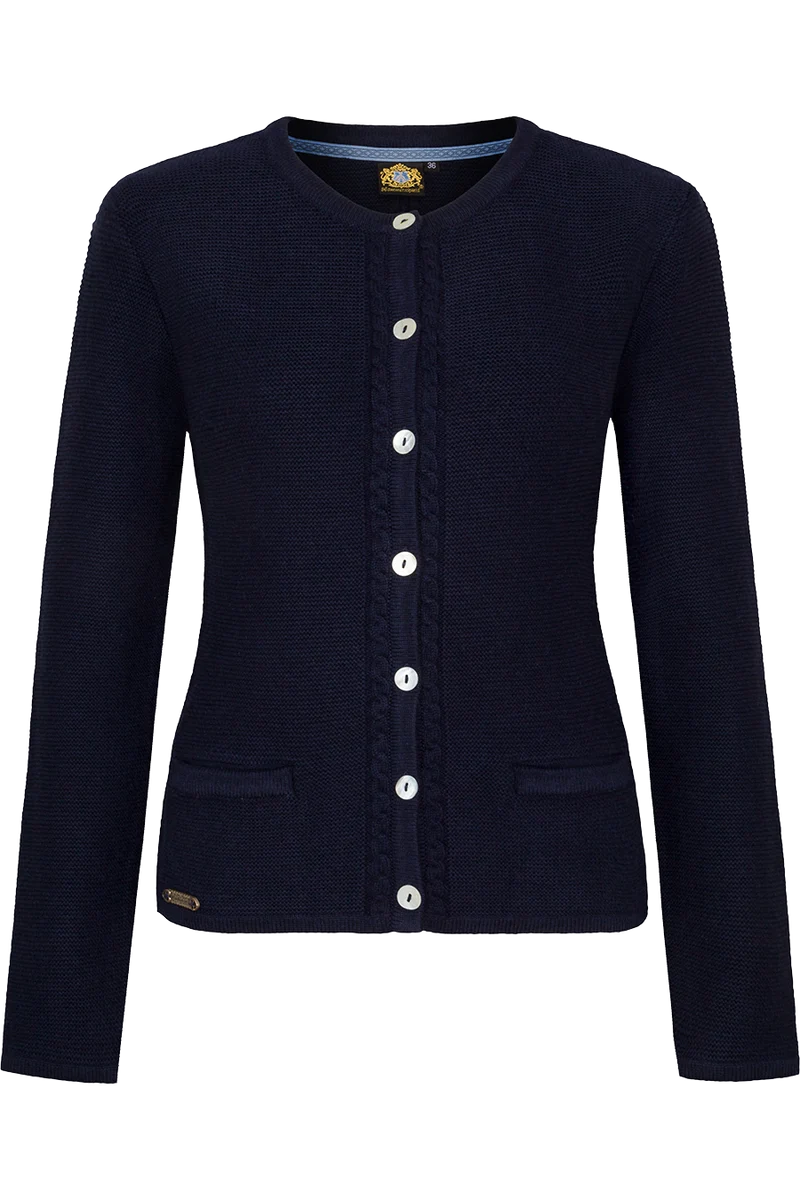 Damen Trachten-Strickjacke mit Zopfstrickmuster und Perlmuttknöpfen - marine