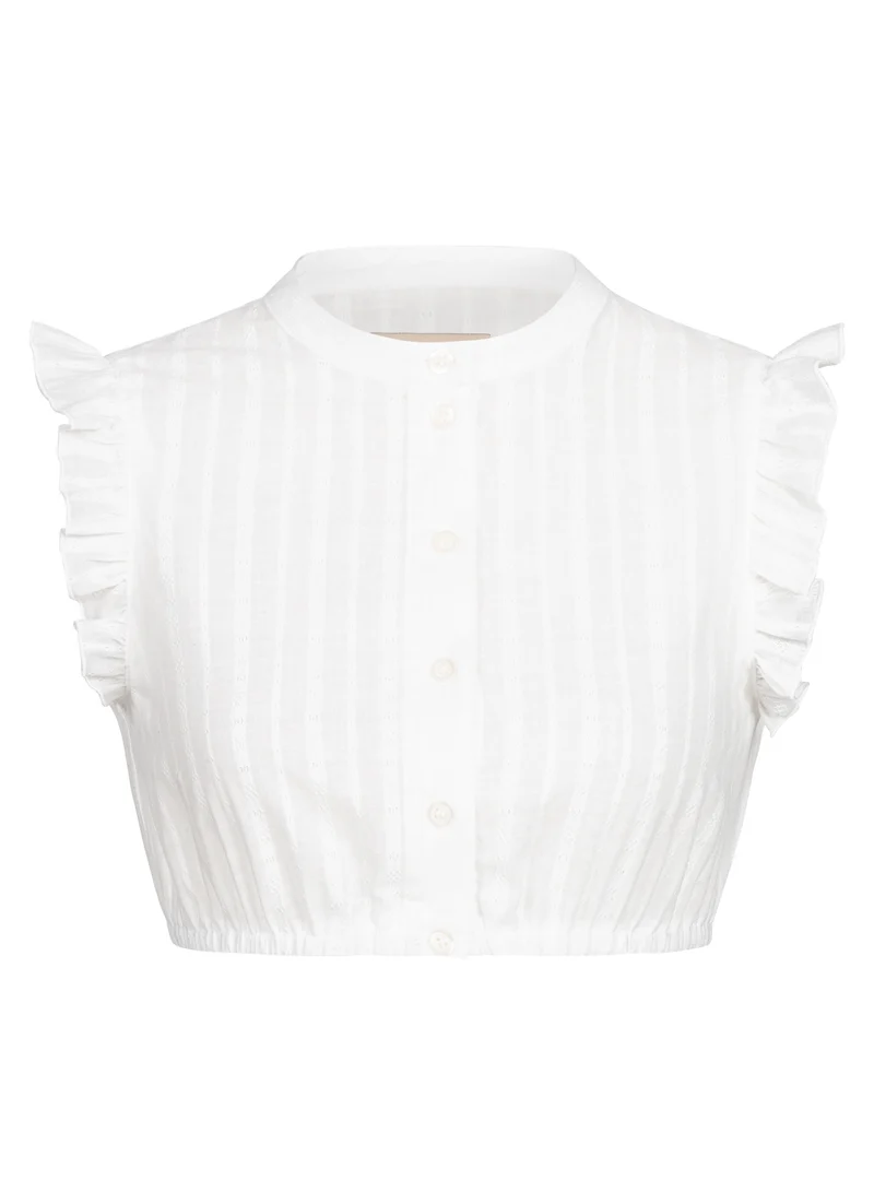 DIRNDLBLUSE STEHKRAGEN FLOWER STRIPES VOLANT WEISS