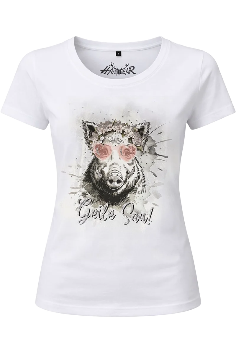Damen Trachtenshirt mit Wildschwein und Herzbrille - weiß