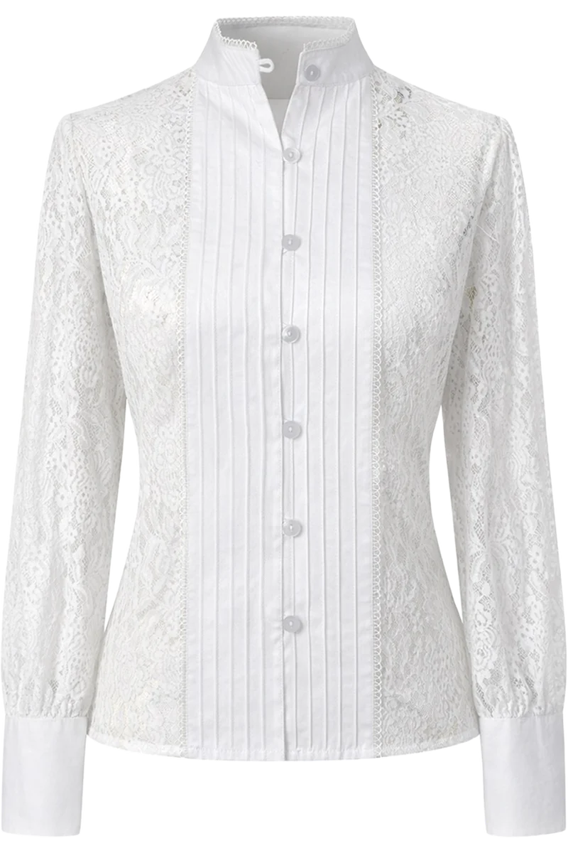 Damen Trachtenbluse hochgeschlossen mit floraler Spitze - weiß