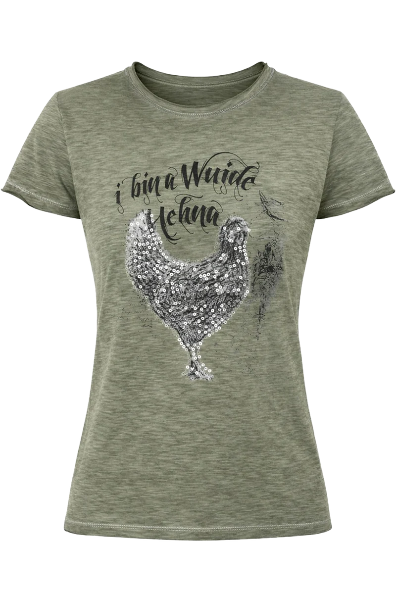 Damen Trachtenshirt mit Hennenmotiv und Pailletten - dunkelgrün
