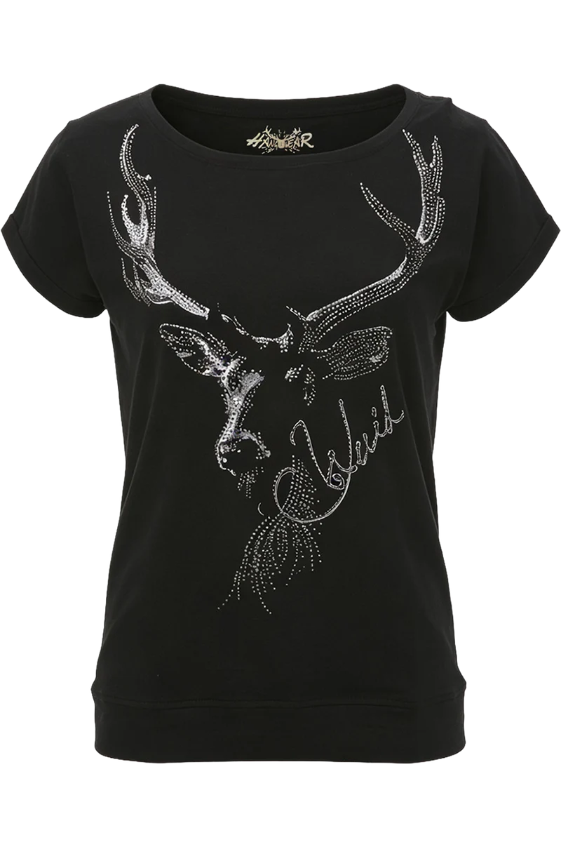 Damen Trachtenshirt mit Hirschprint und Strass - schwarz