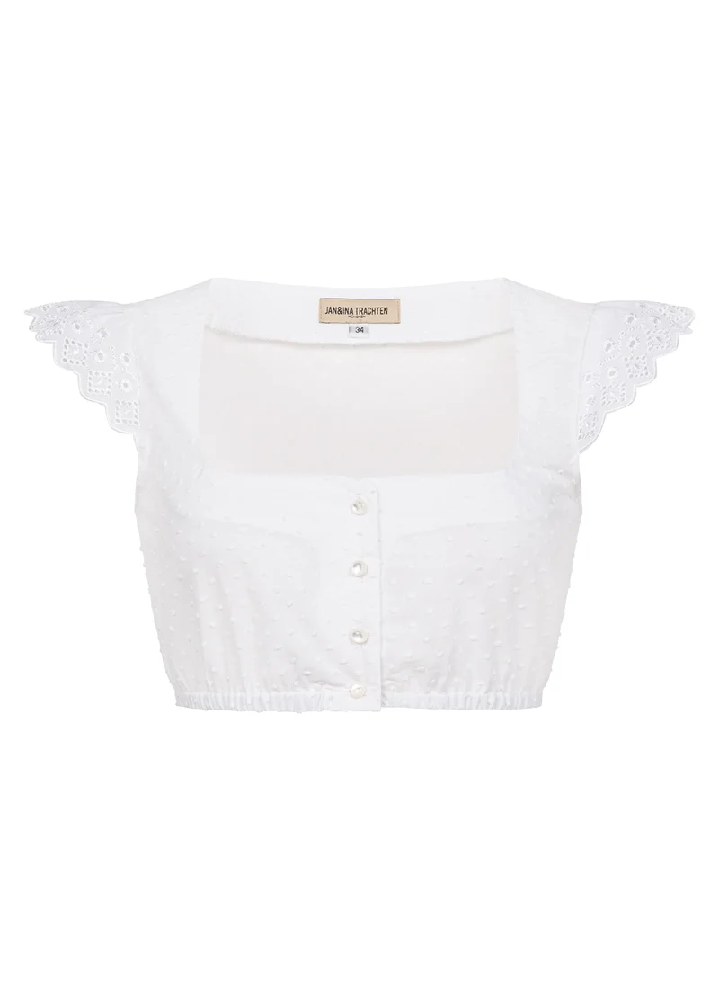DIRNDLBLUSE BAUMWOLL DOTS KARREEAUSSCHNITT FLÜGELARM WEISS