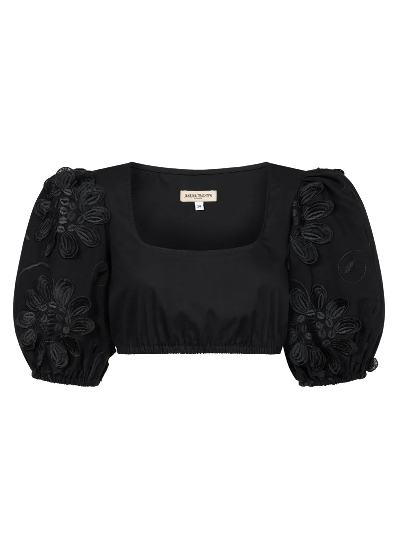 DIRNDLBLUSE KARREEAUSSCHNITT 3D FLOWERS PUFFÄRMEL SCHWARZ