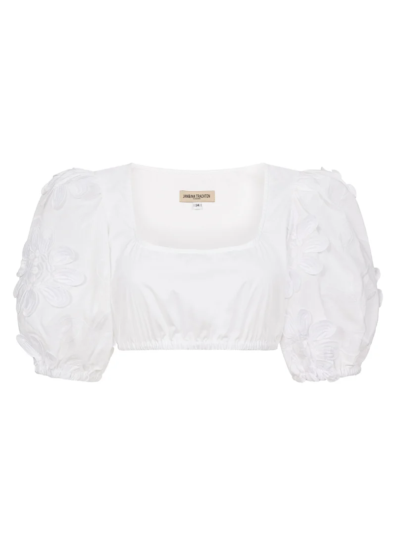 DIRNDLBLUSE KARREEAUSSCHNITT 3D FLOWERS PUFFÄRMEL WEISS