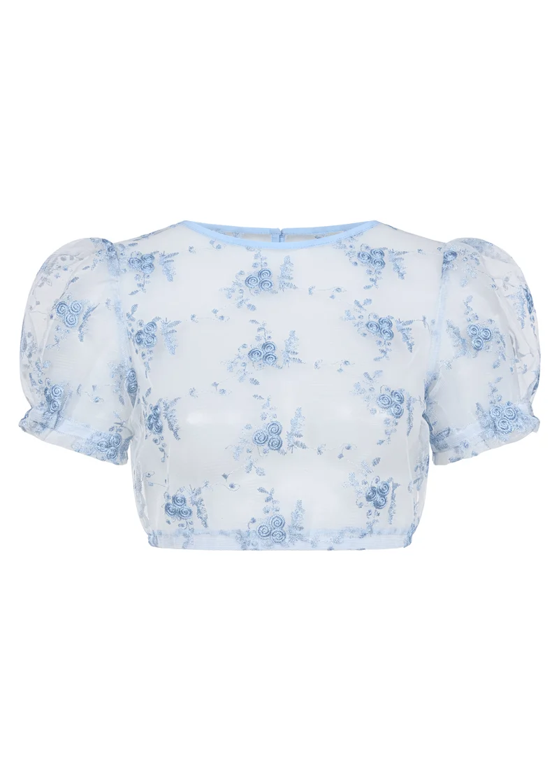 DIRNDLBLUSE FLOWER TÜLL EMBROIDERY PUFFÄRMEL HELLBLAU