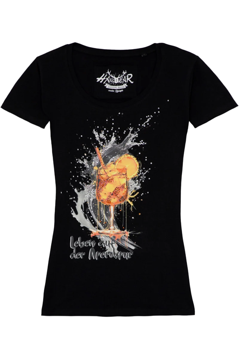 Damen T-Shirt mit Aperol-Motiv und Glitzer - schwarz