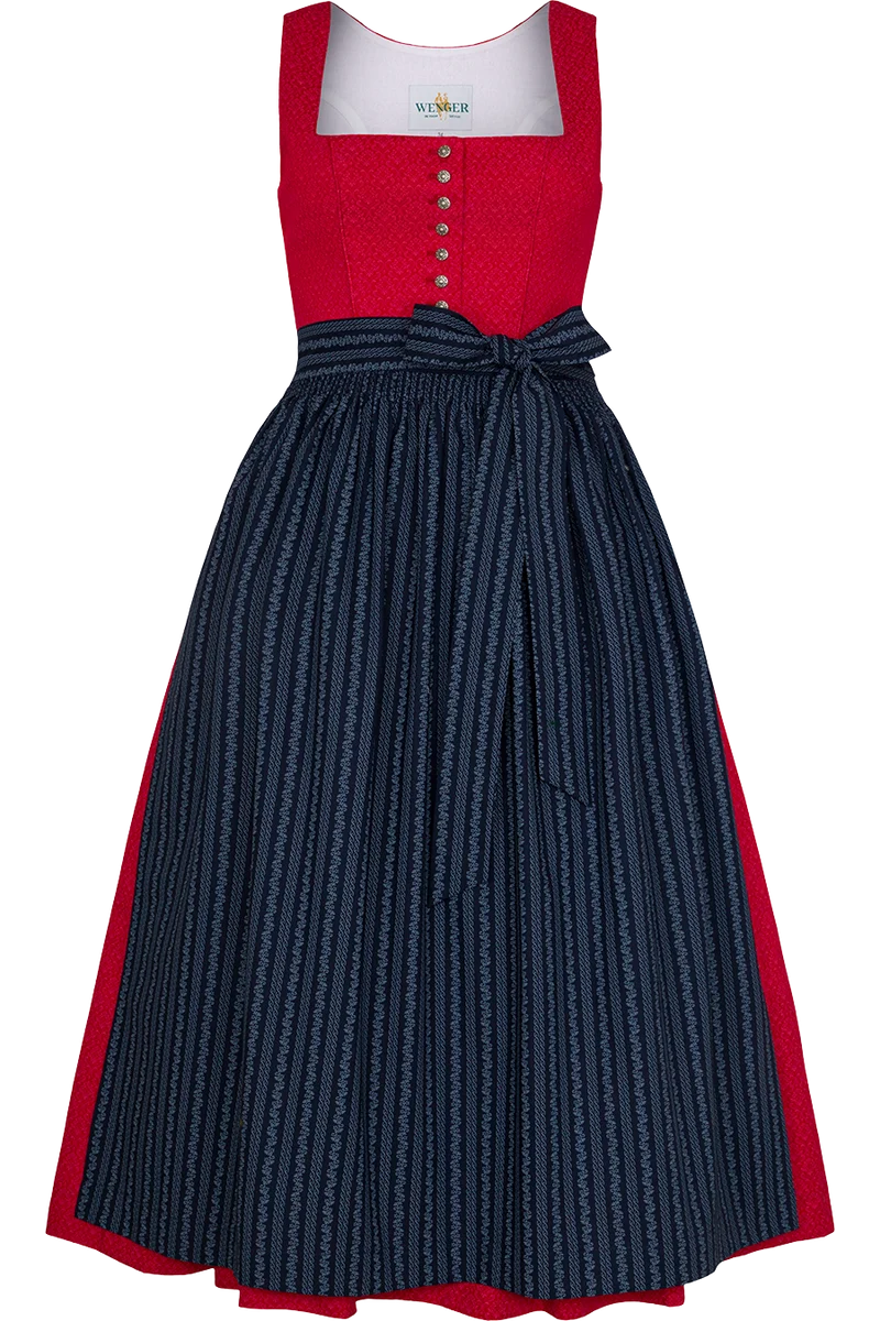 Dirndl lang aus Baumwolle mit eckigem Ausschnitt - rot marine