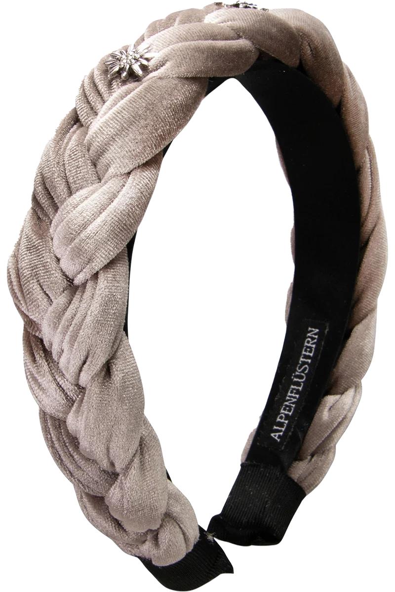 Samt Haarreif geflochten mit Strass-Edelweißblüten - taupe braun