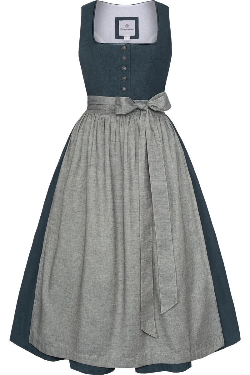 Langes Dirndl aus Cord mit Baumwollschürze - blau
