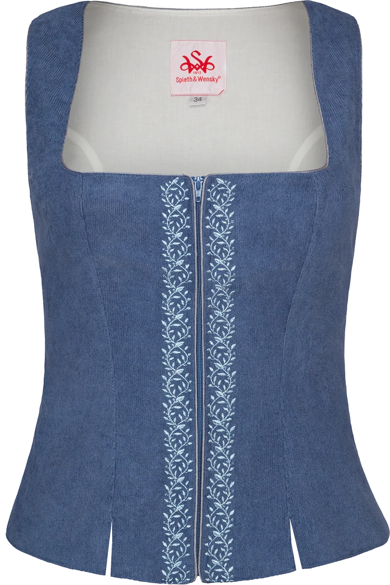Trachten-Mieder aus Cord mit Blumenstickerei - mittelblau