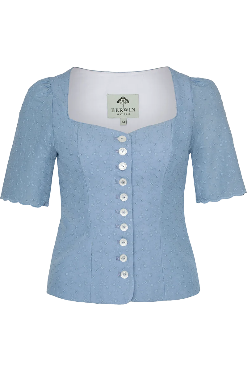 Damen Trachtenmiederbluse mit Arm und Blütenstickerei - hellblau