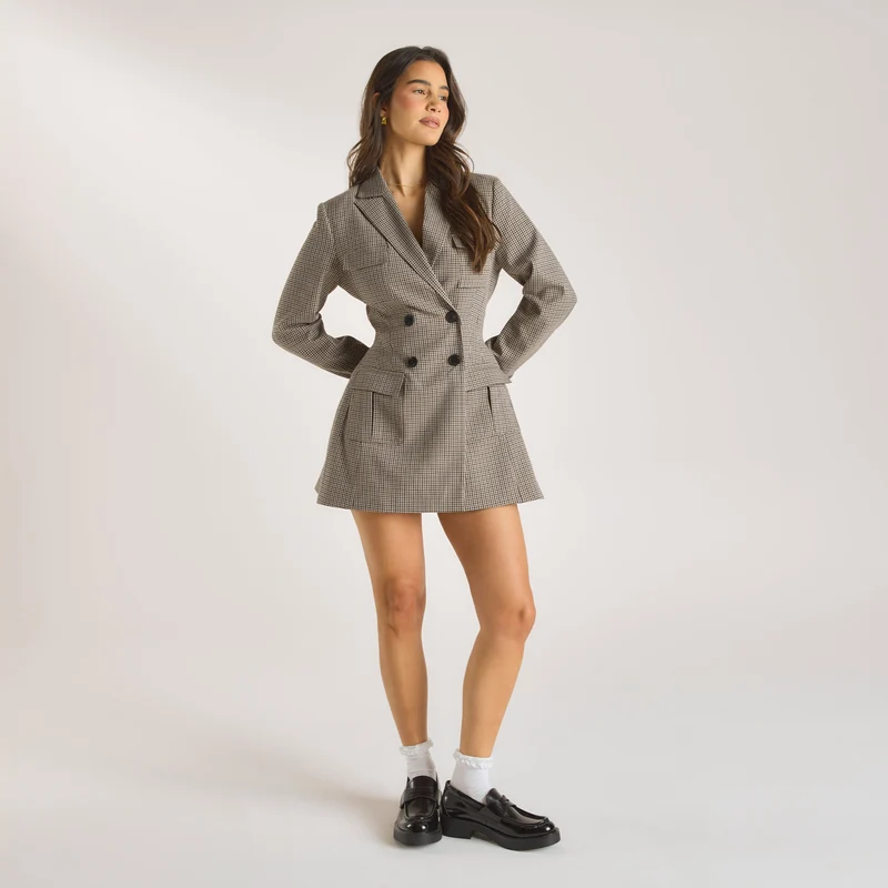 Hahnentrittmuster-Blazerkleid - Braun