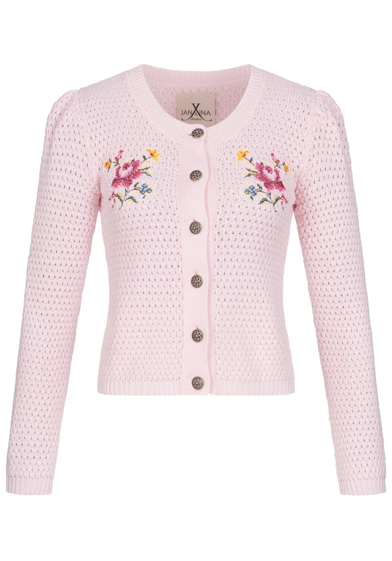 STRICKJANKER MIT FOLKLORESTICKEREI PASTELLROSA