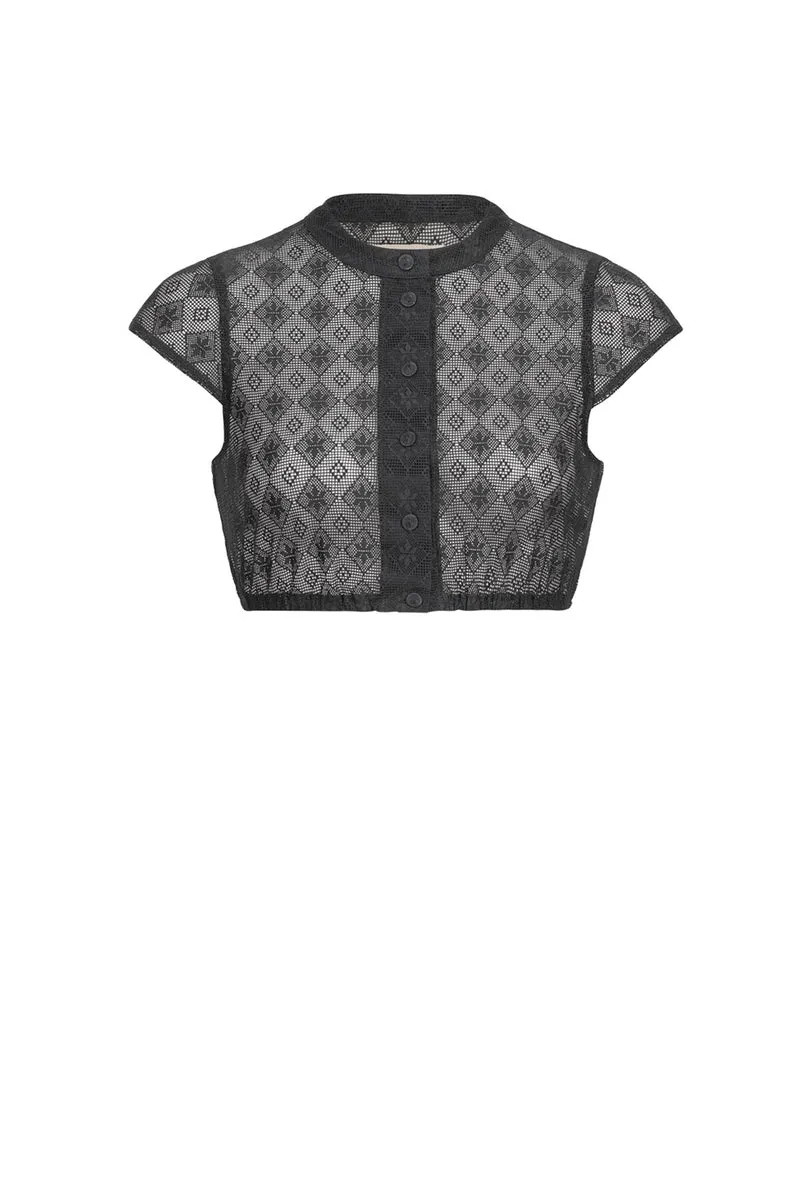 DIRNDLBLUSE VINTAGE SPITZE ORNAMENTAL STEHKRAGEN UND FLÜGELARM SCHWARZ