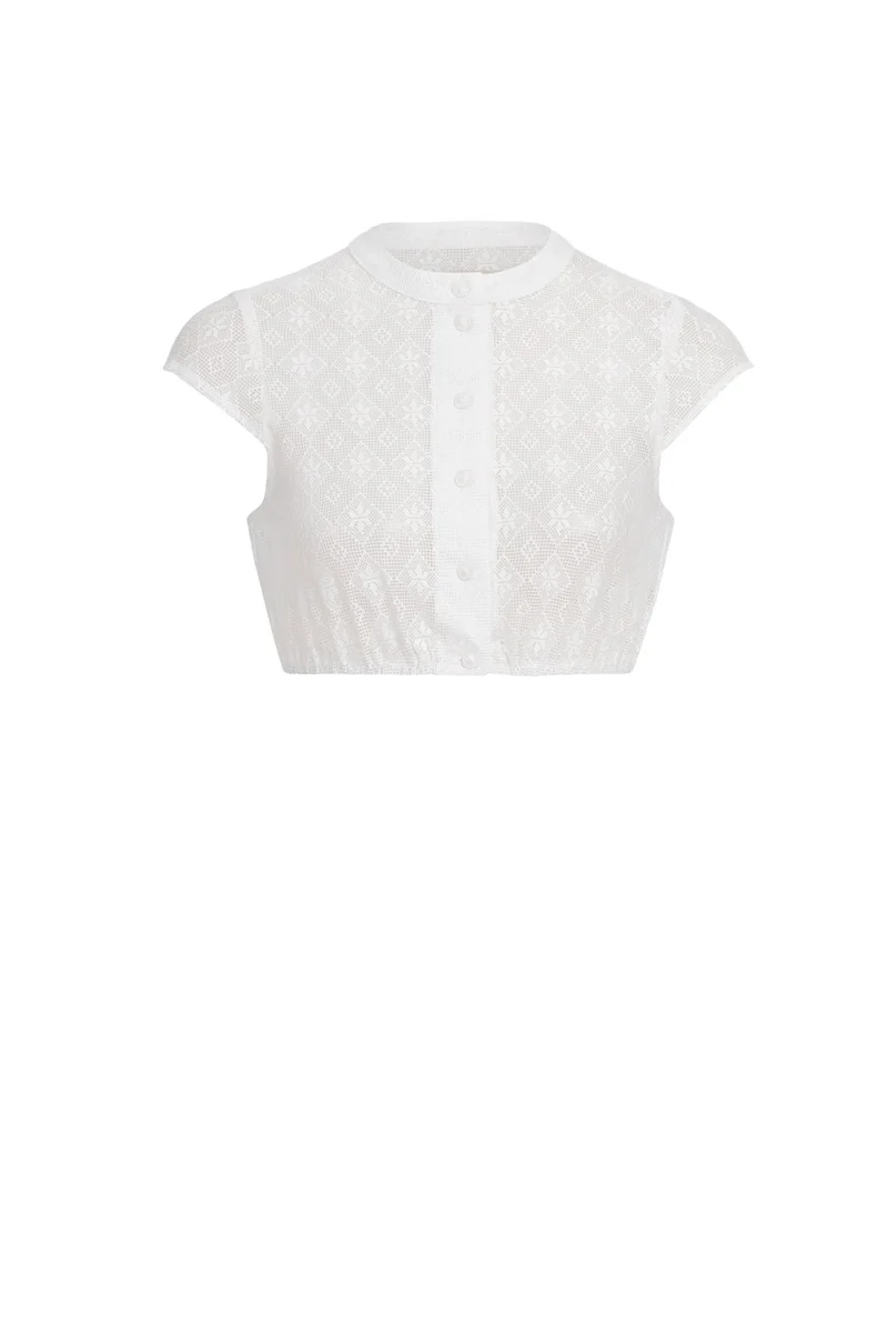 DIRNDLBLUSE VINTAGE SPITZE ORNAMENTAL STEHKRAGEN UND FLÜGELARM WEISS
