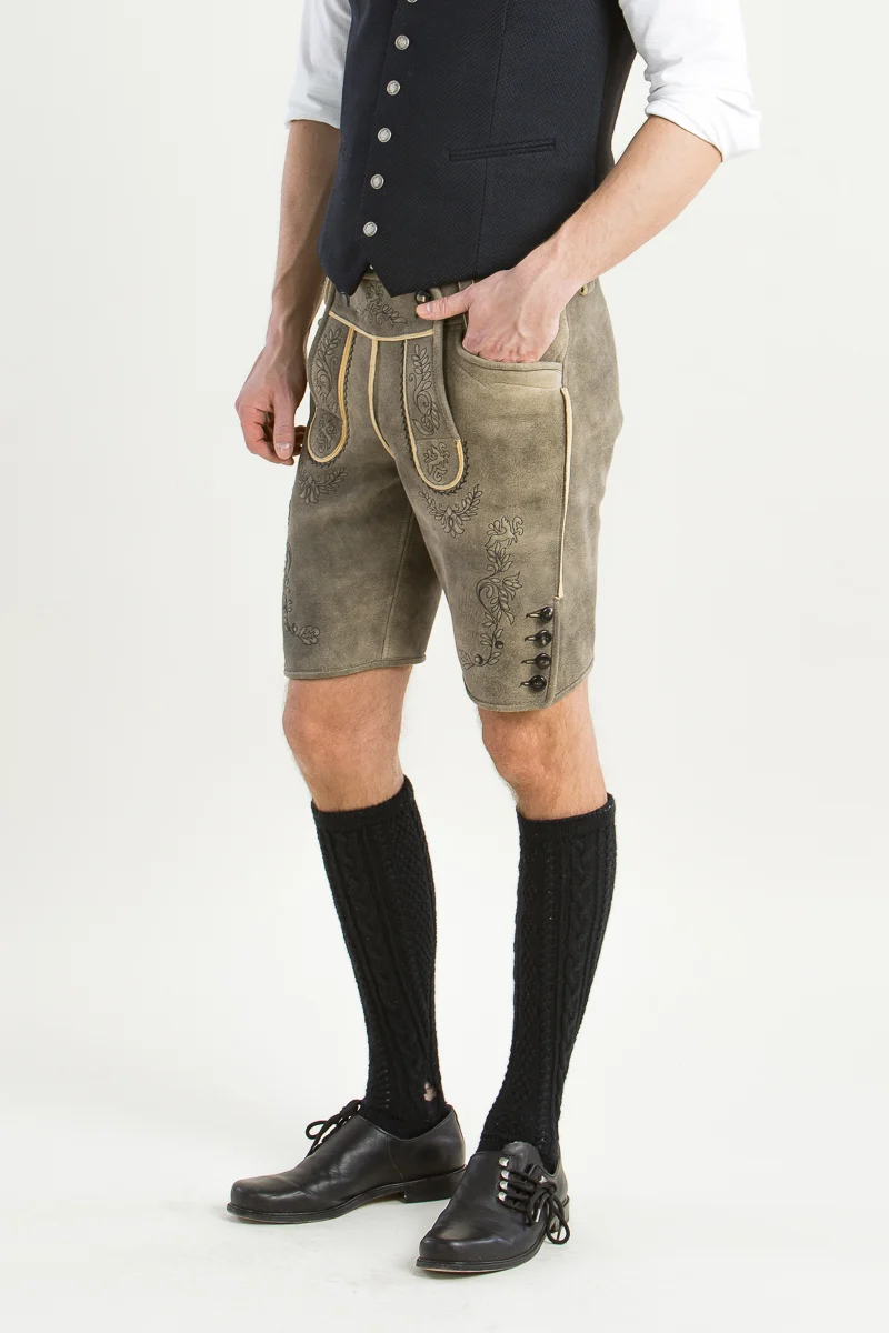 Kurze Ledergott Hirschlederhose Luis flanell beige anthra