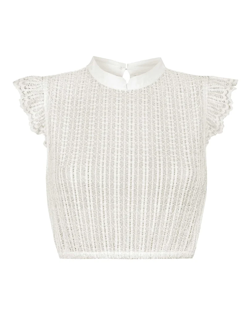 High-Neck Lace Flutter Sleeve Dirndl Blouse