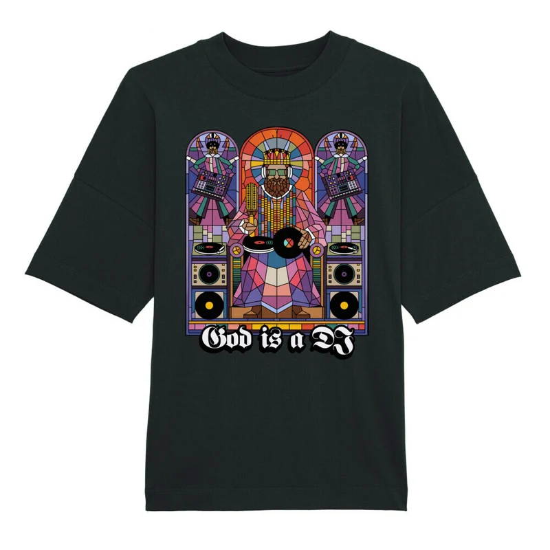 "GOD IS A DJ" TECHNO Oversize Shirt (Frontprint)