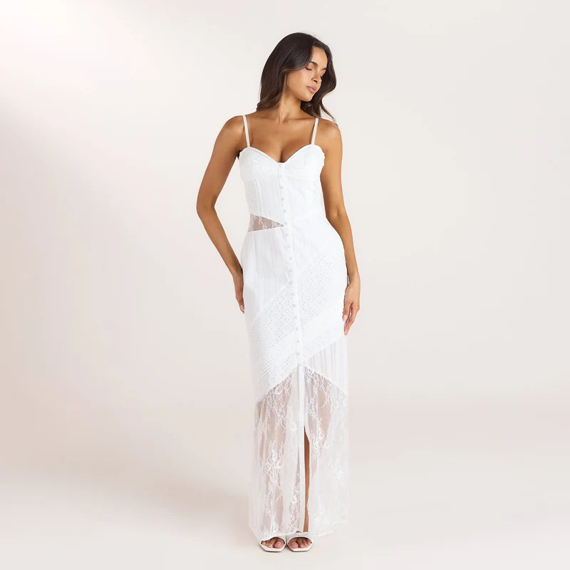 Maxikleid mit Stickerei und Spitze - Weiß