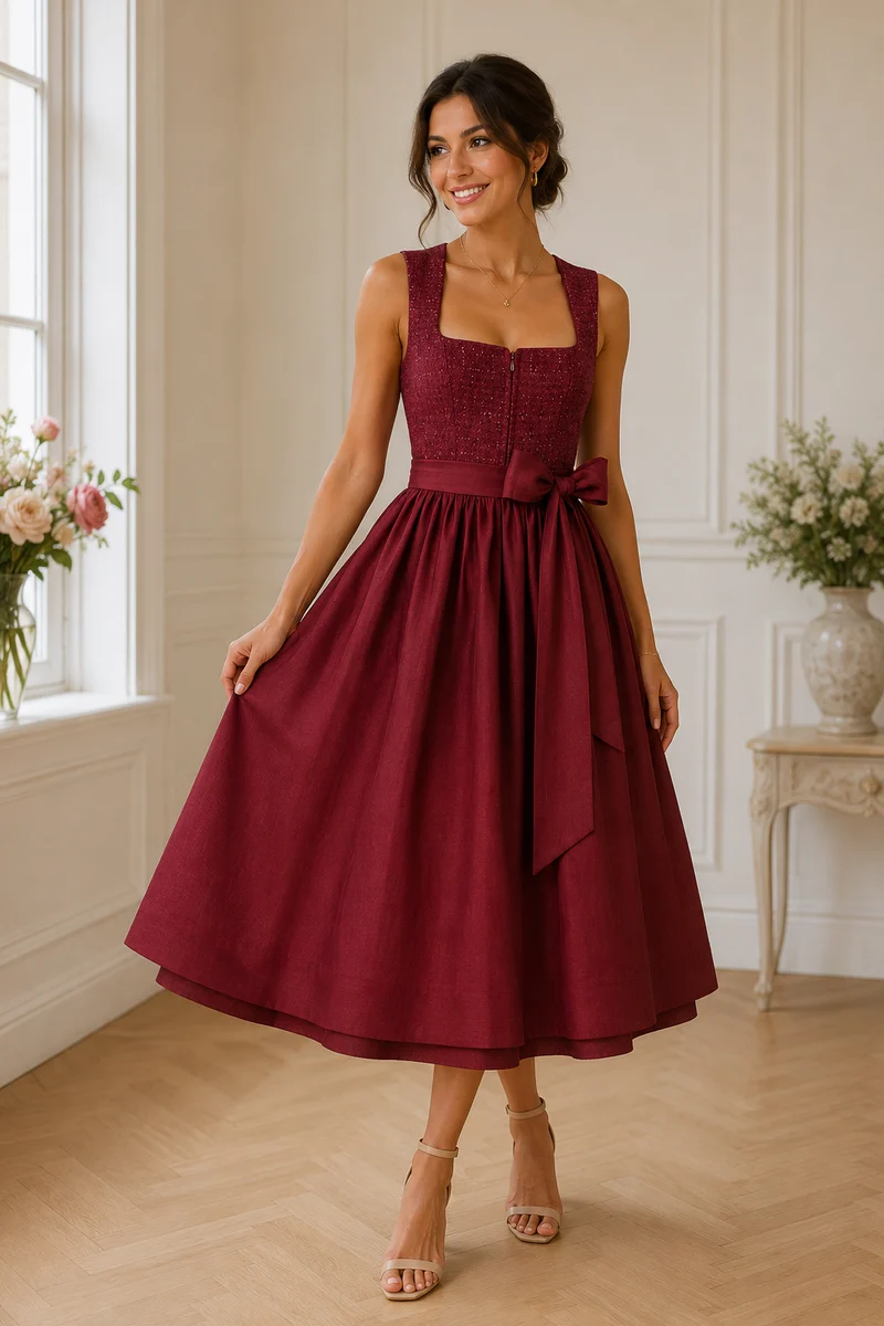 Dirndl Bordeaux Tweed Glitter Rot mit Leinen-Baumwoll-Rock – 75 cm | LIGA DI BAVARIA