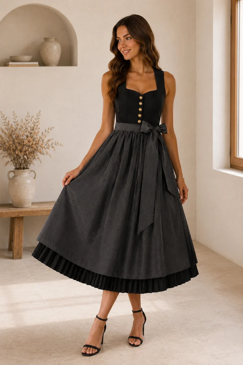 Dirndl Tiefschwarz Plissee mit TENCEL™-Leinenschürze – 75 cm | LIGA DI BAVARIA
