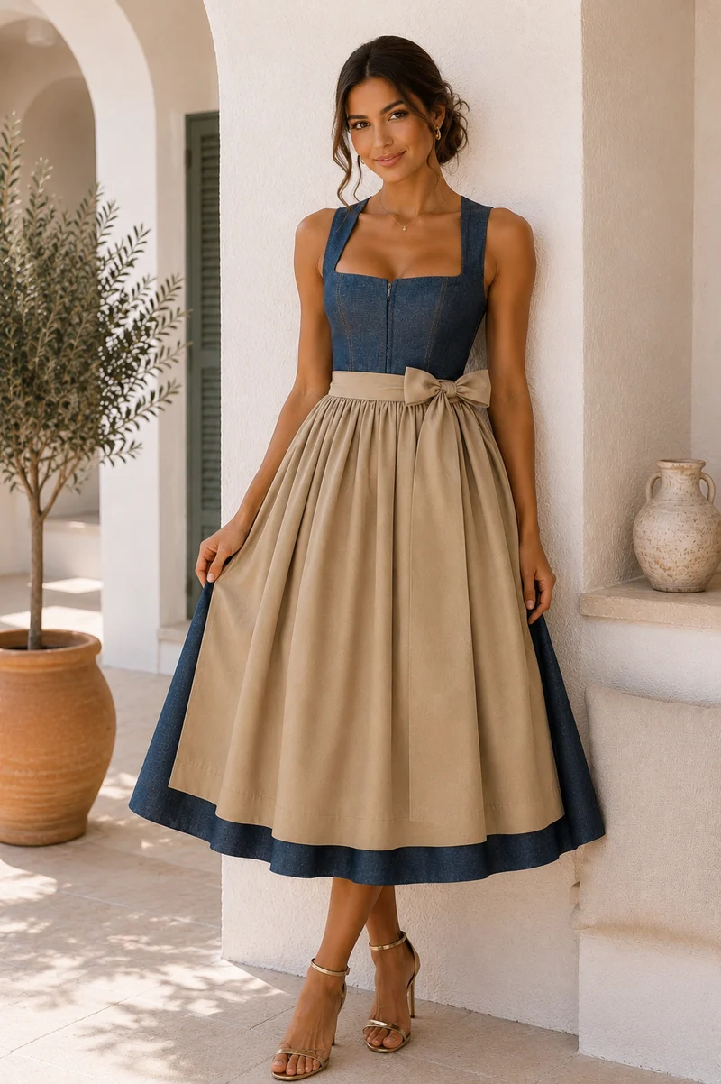 Dirndl Denim Jeans Blue mit Senfgelber TENCEL™-Schürze – 75 cm | LIGA DI BAVARIA