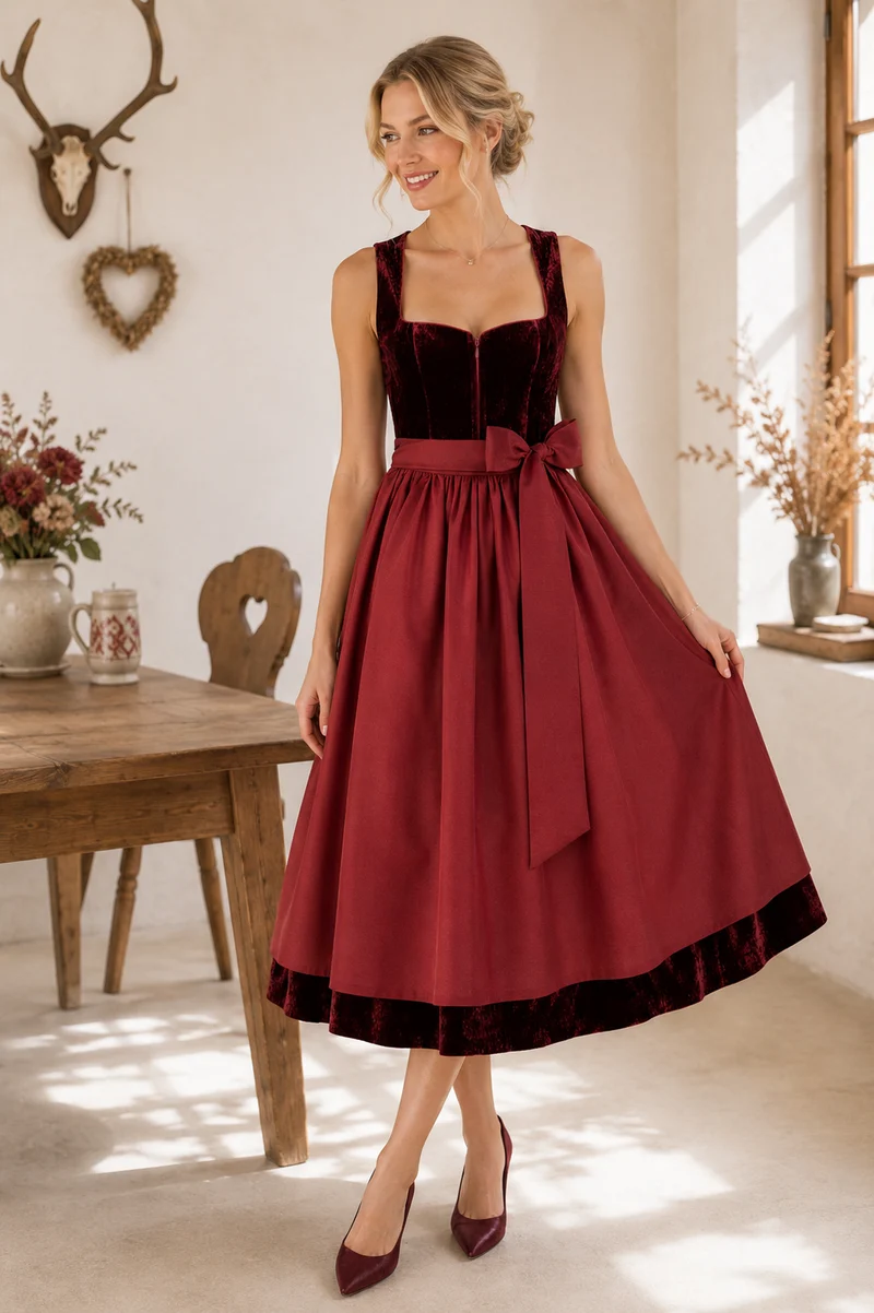 Dirndl Rubina Kirschrot Samt & Leinen – 75 cm | LIGA DI BAVARIA