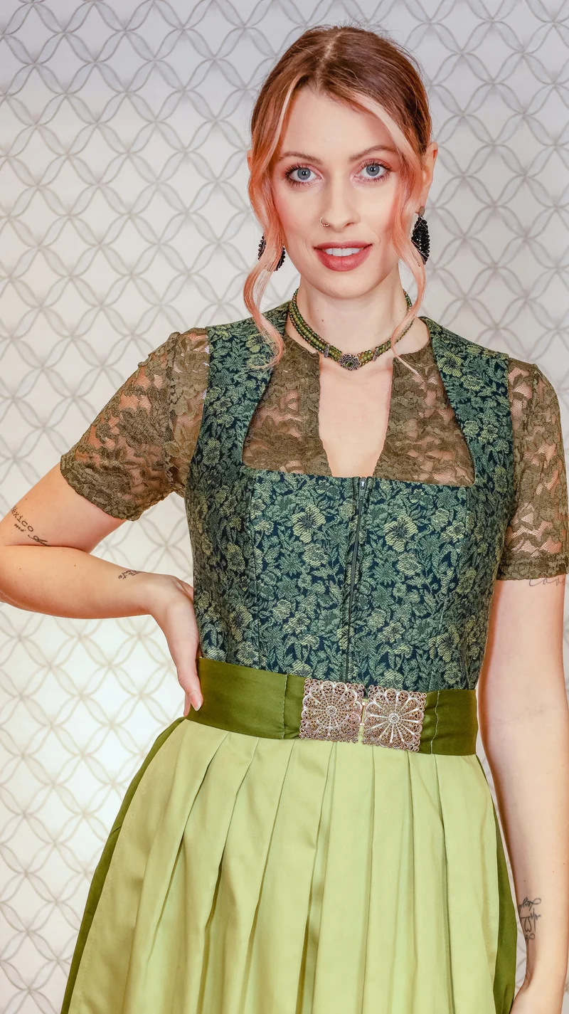 Dirndl Goldstich Blumen grün 75cm