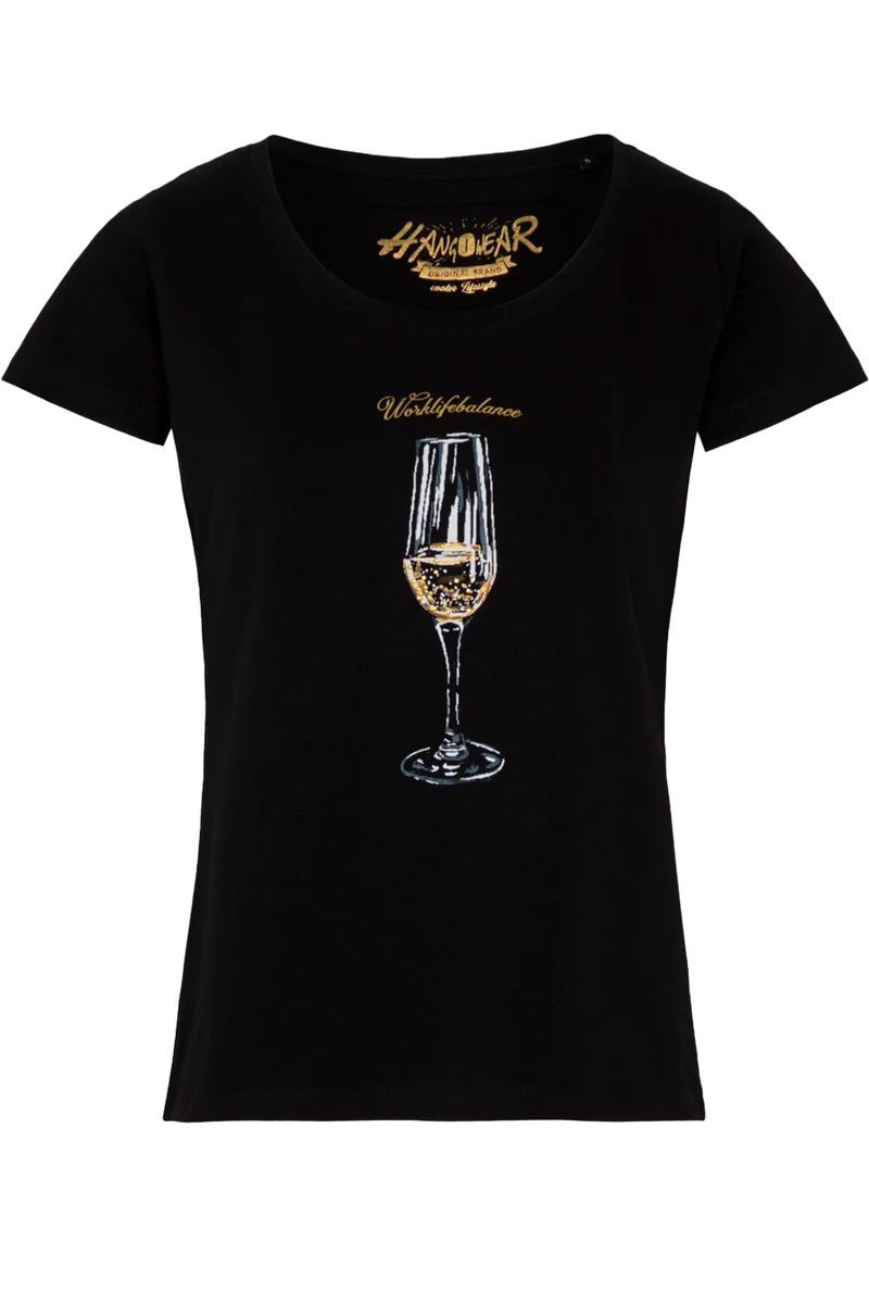 Damen T-Shirt 'Worklifebalance' mit Sektglas und Strasssteinen