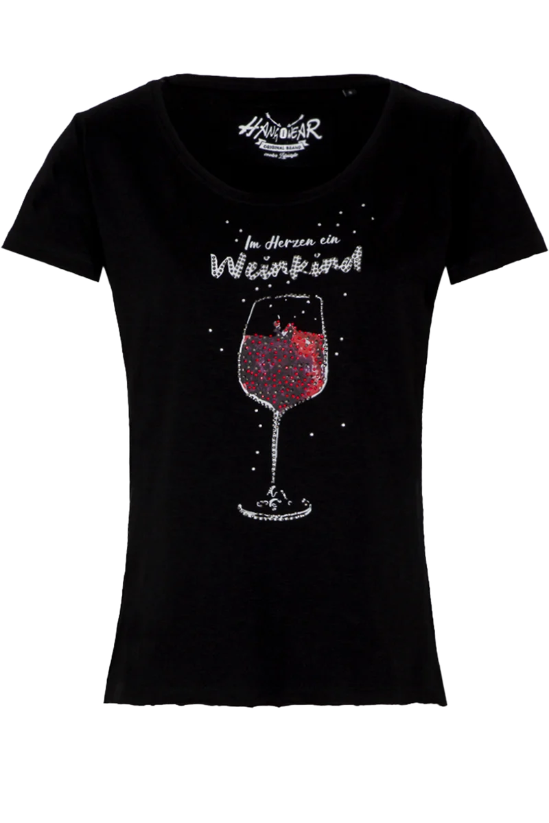 Damen T-Shirt mit Weinglasdruck und Strasssteinen