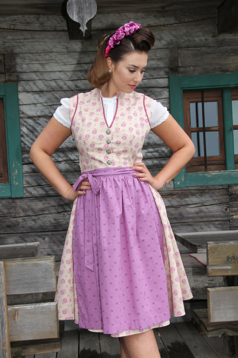 Vintage Baumwolldirndl Goldstich beige lila 65cm
