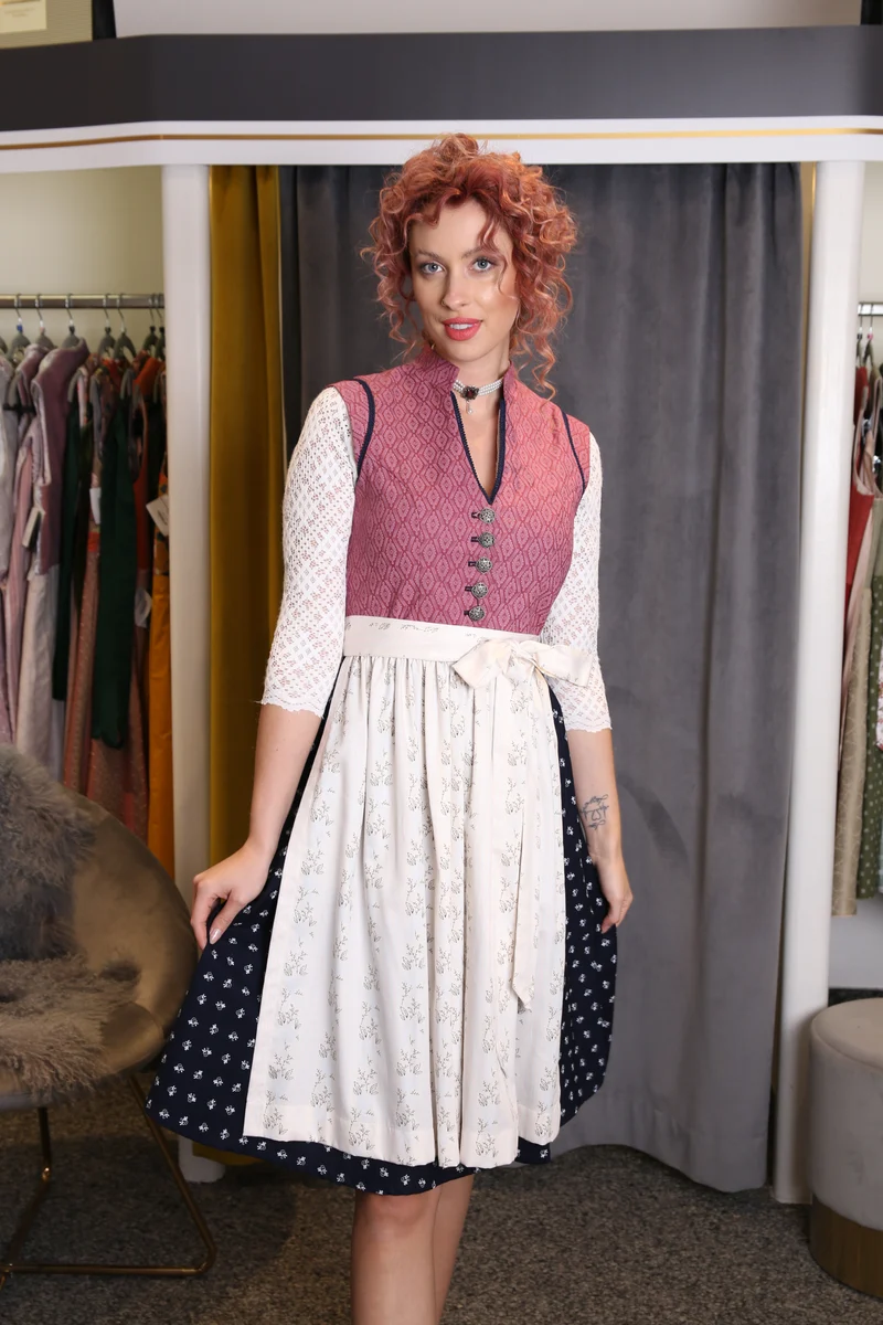 Vintage Baumwolldirndl Goldstich altrosa-blau creme 65cm