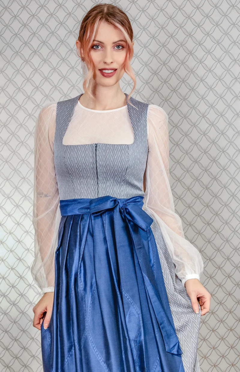 Stretch Dirndl Goldstich grau/blau 75cm