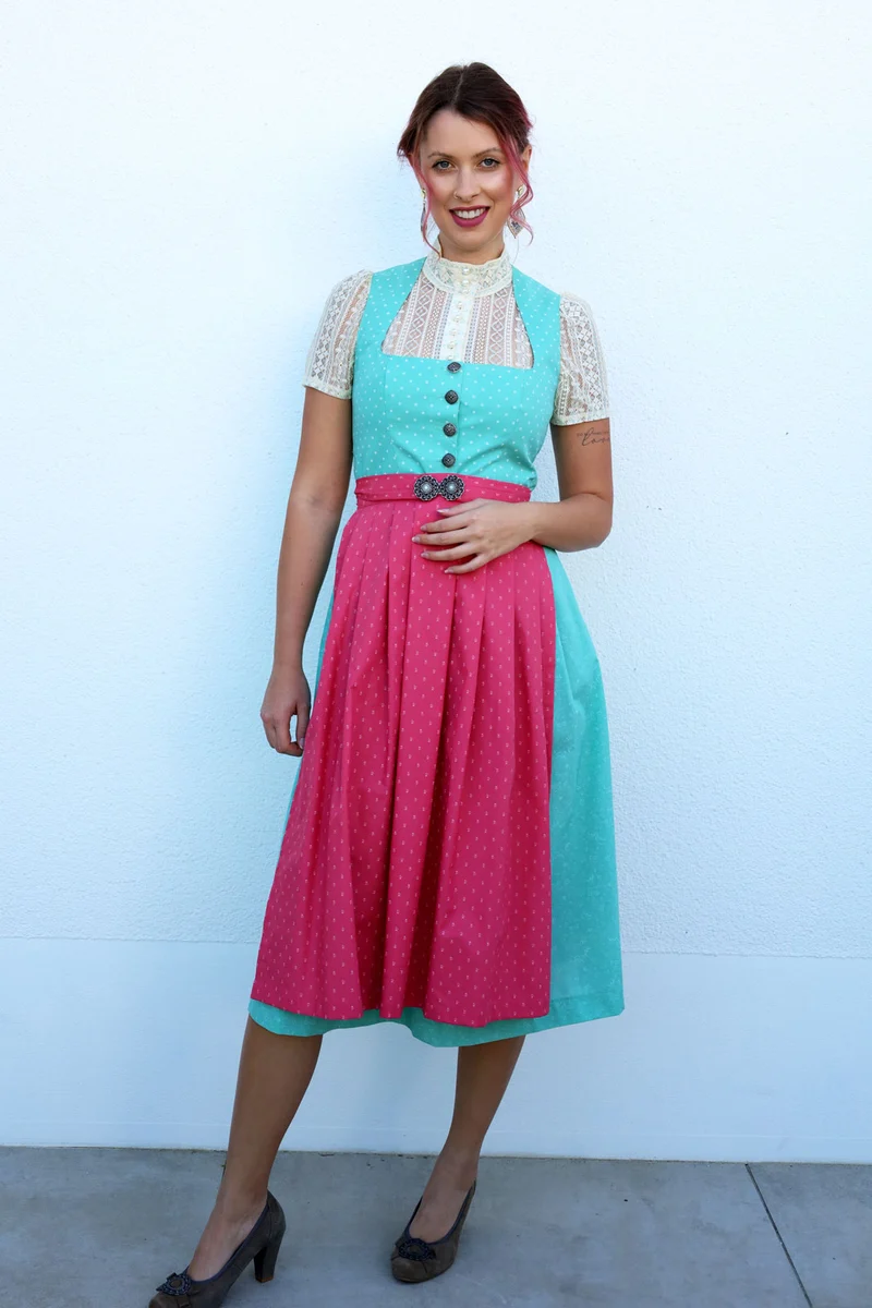 Baumwolldirndl Goldstich türkis rose 75cm