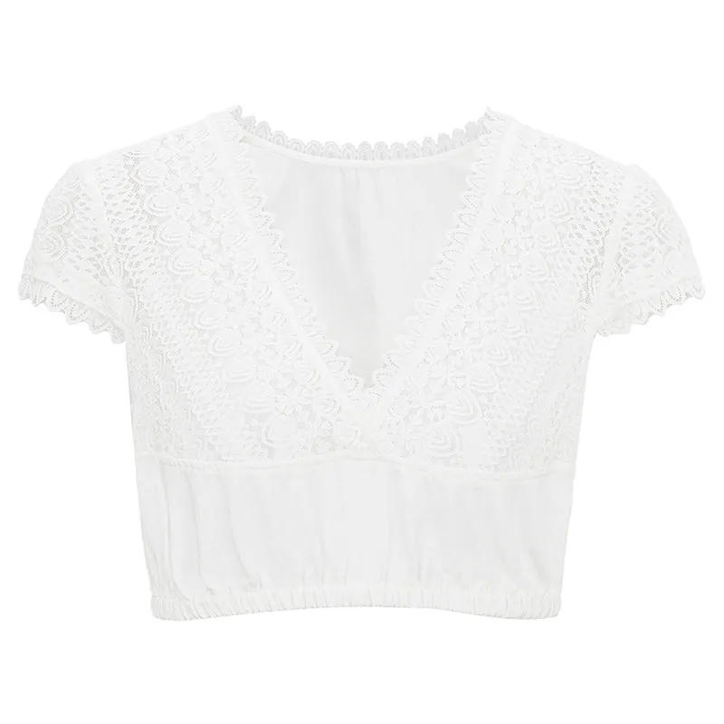 Dirndlbluse V-Ausschnitt mit Spitze weiß