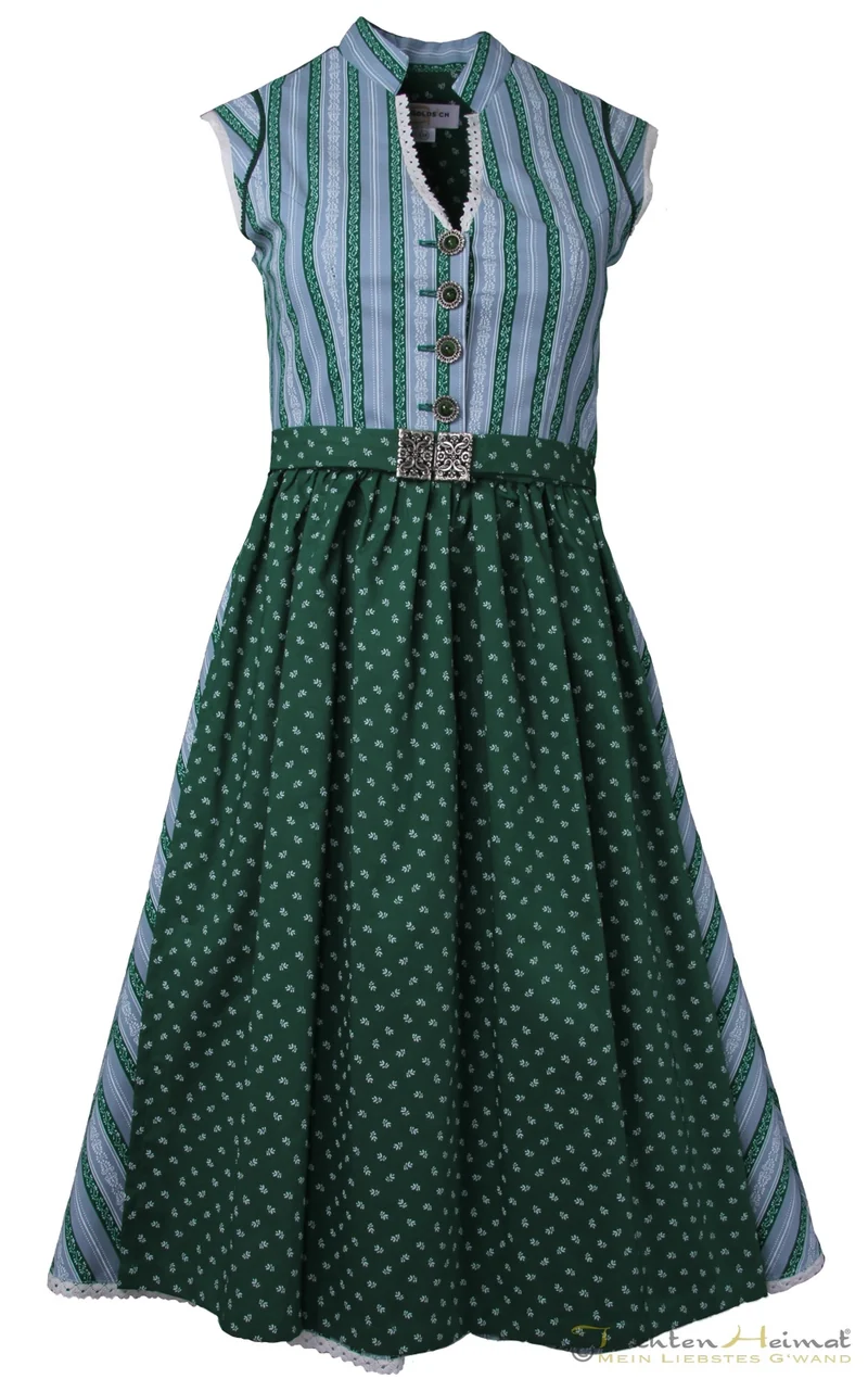 Vintage Baumwolldirndl blau grün gestreift mit Schließe 65cm