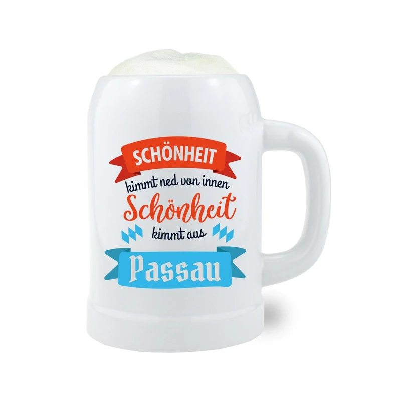 Bierkrug "Schönheit kimmt aus..." mit Wunschort