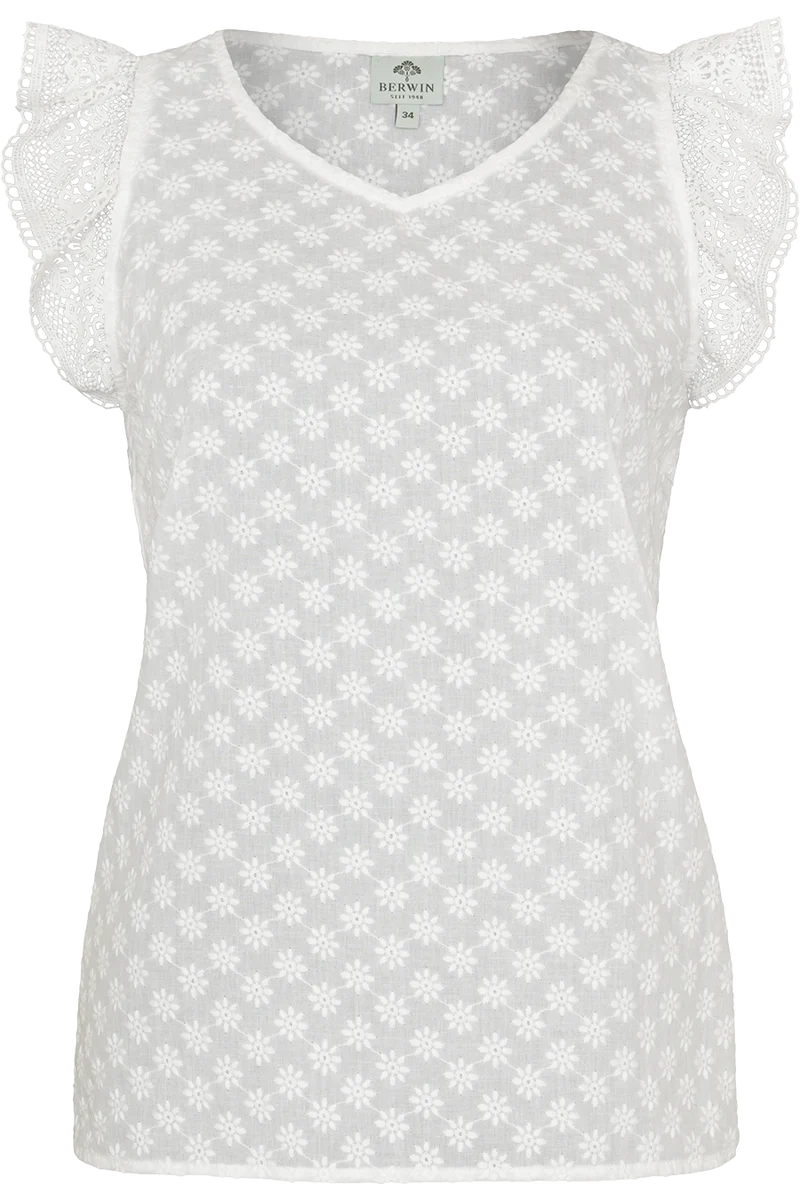 Damen Trachtenbluse/Shirt mit Flügelärmel und Blütenstickerei