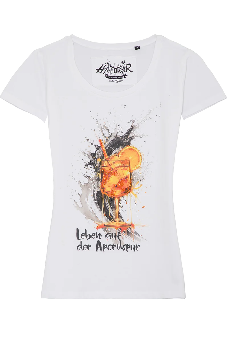 Damen T-Shirt mit Aperol-Motiv und Glitzer - weiß