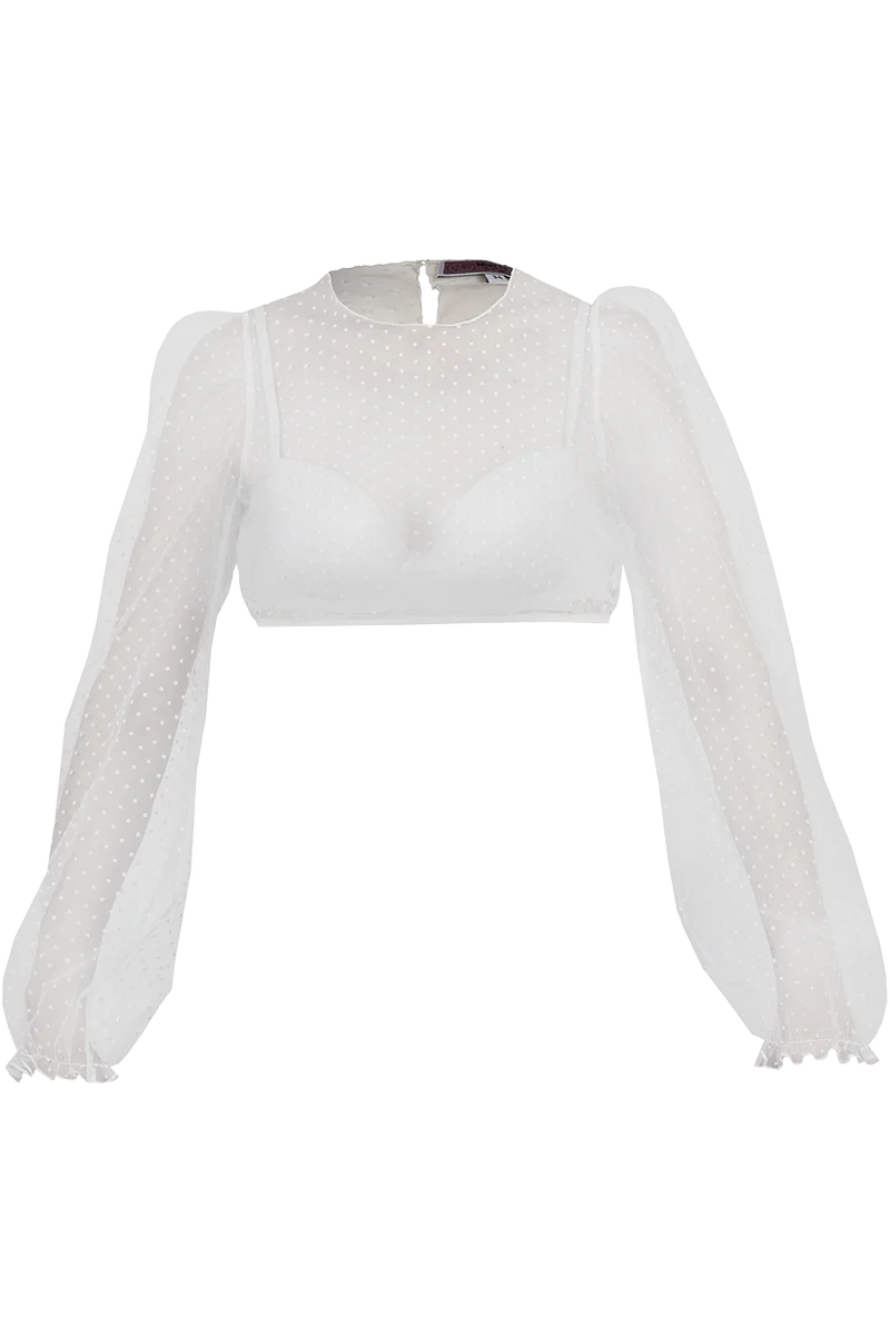 Dirndlbluse Langarm aus transparenter Spitze mit Puffärmeln