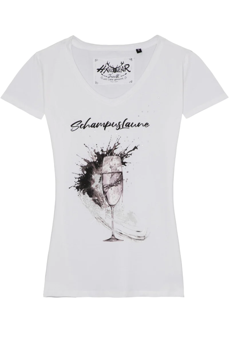 Damen T-Shirt 'Schampuslaune' mit Sektglas-Print