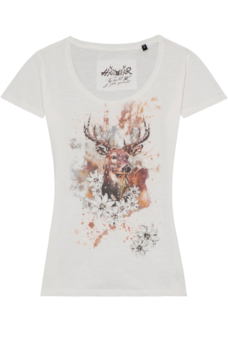Damen T-Shirt mit Hirschkopf-Druck und Strasssteinen