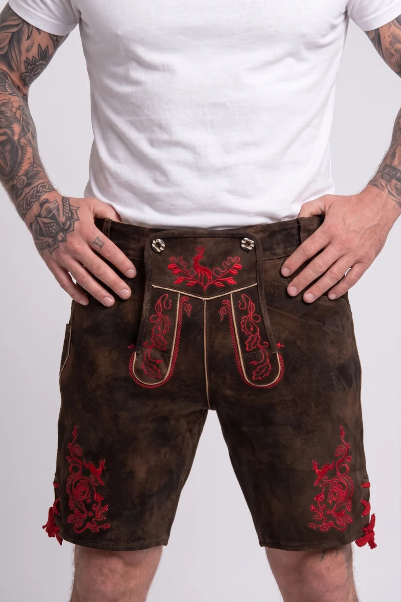 Lederhose Hirsch Royal Rot Mokka