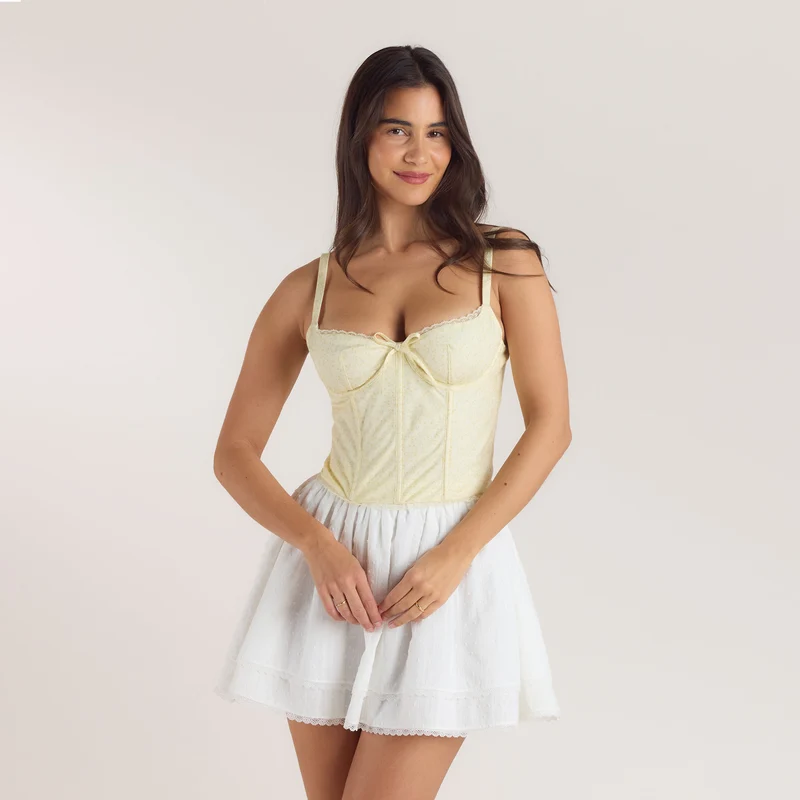 Korsetttop mit Spitzenbesatz - Florales Gelb