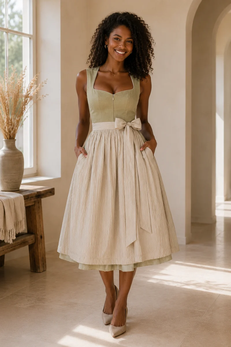 Dirndl Liga Di Bavaria Salbeigrün Velours&Leinen 70cm
