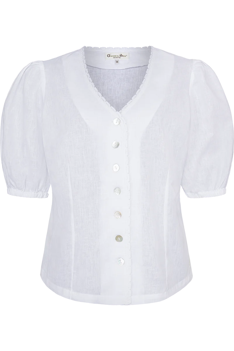 Damen Leinen-Baumwoll-Bluse mit Puffärmel - weiß